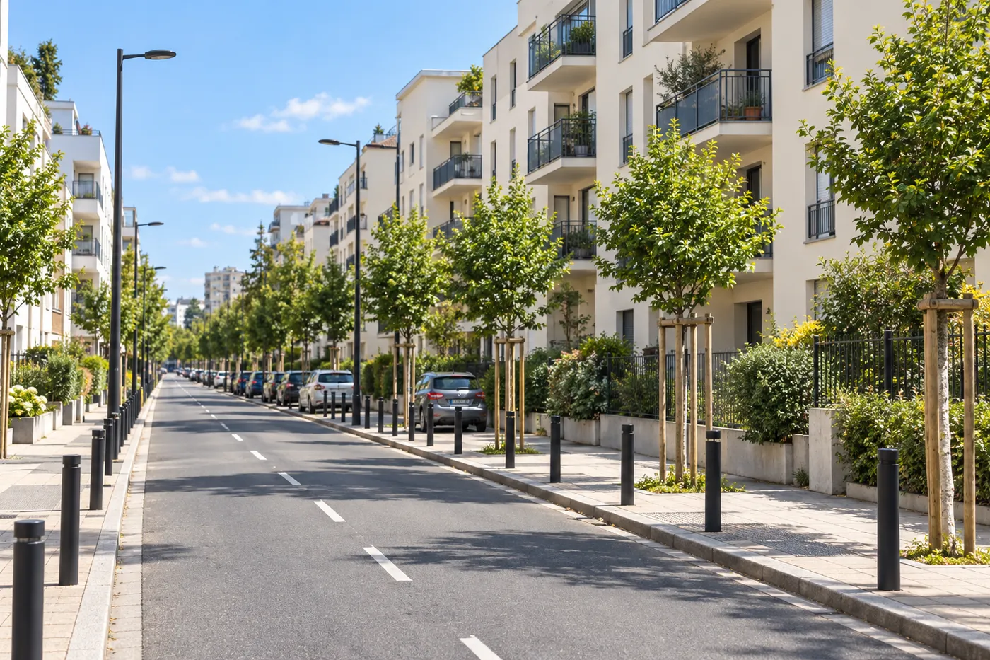 Avenue résidentielle arborée bordée d'immeubles clairs à Nanterre
